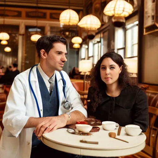 Prompt: A beautiful aesthetic portrait of a male engineer and a female doctor sitting in a victorian style cafe in Miami, 8k,