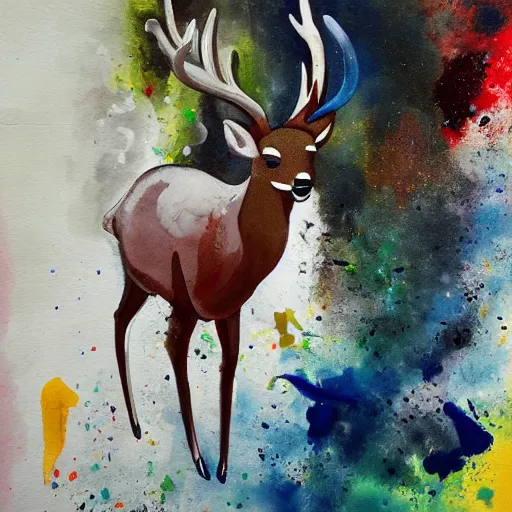 Image similar to deer with a cigarette in its mouth and thick smoke coming out of the cigarette, abstract, thick dripping paint