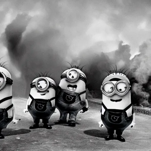 Image similar to minions characters at the hindenburg disaster.