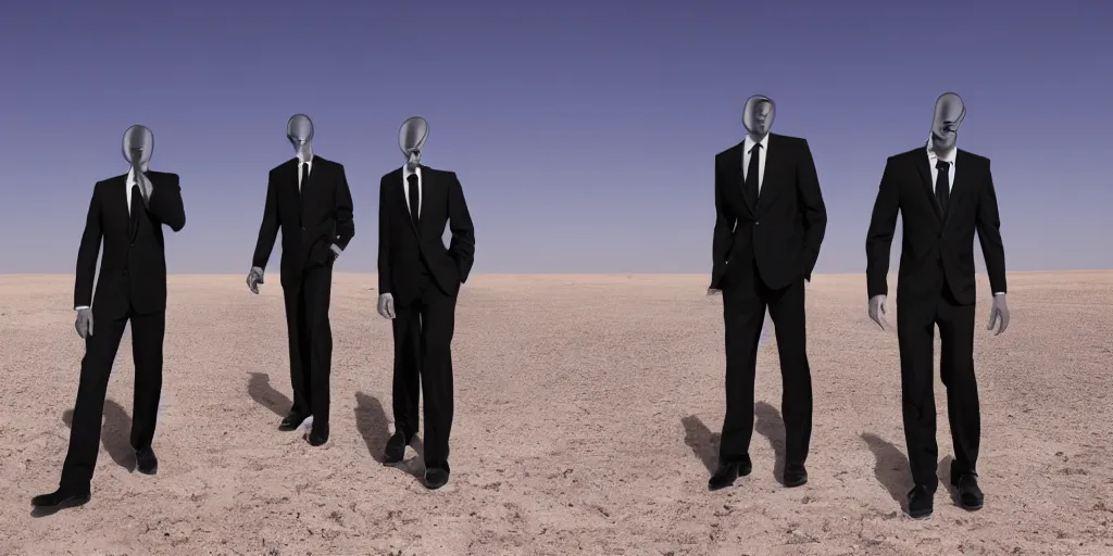 Image similar to faceless men in black stepping out of a magical portal in the desert