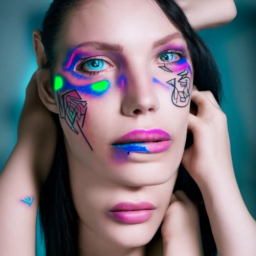 Prompt: the face of a beautiful cyborg woman with fluorescent tatoos