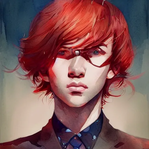 Image similar to young boy, red hair, gorgeous, amazing, elegant, intricate, highly detailed, watercolor digital painting, artstation, concept art, sharp focus, illustration, art by Ross tran