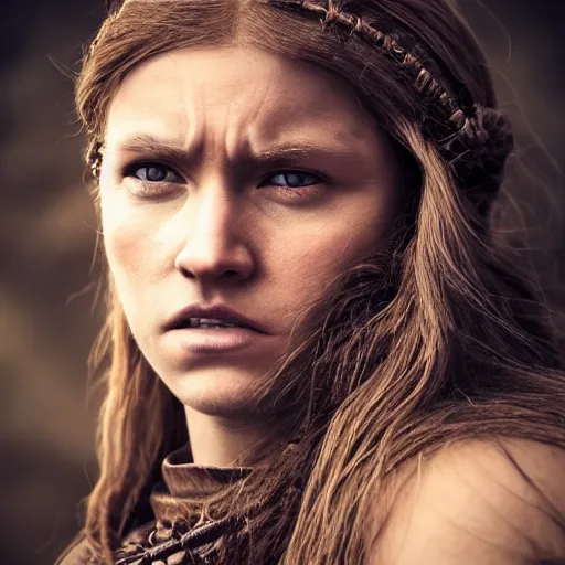 Prompt: hyperrealistic photograph of a brown-haired viking woman, 8k, profile picture, cinematic, high contrast, epic real fantasy, stoic facial expression, looking at the camera