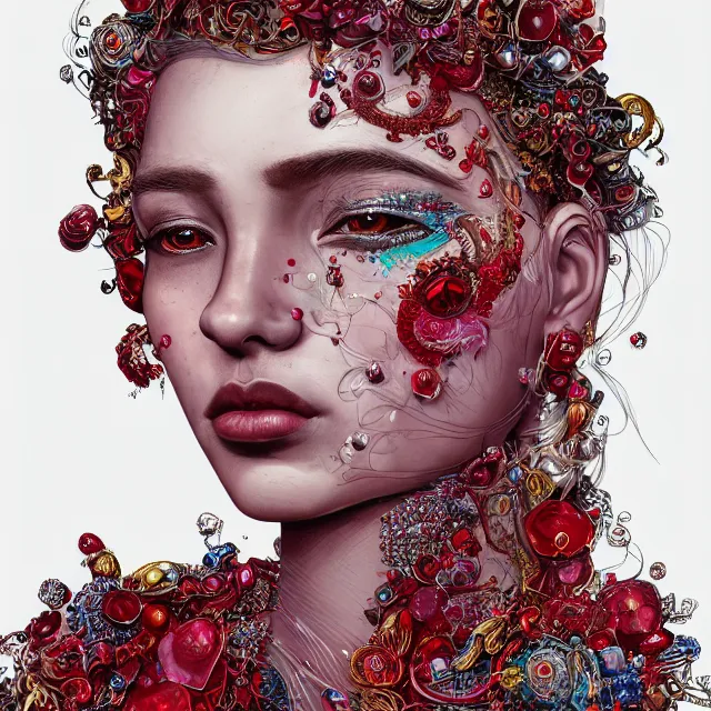 Image similar to studio portrait of absurdly beautiful, elegant, young hypercolorful woman made of rubies and red gems, ultrafine hyperrealistic detailed face illustration by kim jung gi, irakli nadar, intricate linework, sharp focus, bright colors, matte, octopath traveler, final fantasy, unreal engine highly rendered, global illumination, radiant light, intricate environment