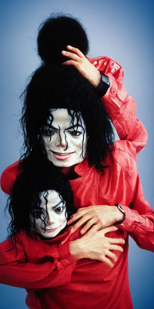 Image similar to michael jackson hugging an alien, in focus, blured background, boceh, high detail, sharp, film photography, direct flash, kodak portra 4 0 0,