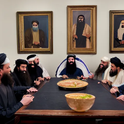 Prompt: 4 k hdr portrait wide angle photo of president joe biden as a taliban muslim leader with a beard laughing at a dinner table meeting surrounded by taliban terrorist leaders who are dancing with oil barrels in the background