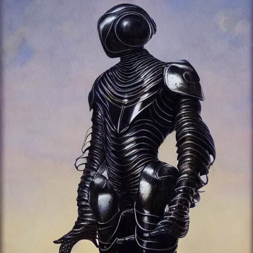 Image similar to full body portrait of beautiful gothic and futuristic fashion model, open space armour, cyber armour, highly detailed, artstation, illustration, composition, 8 k quality, art by jean delville, rene magritte, hyperrealism oil painting