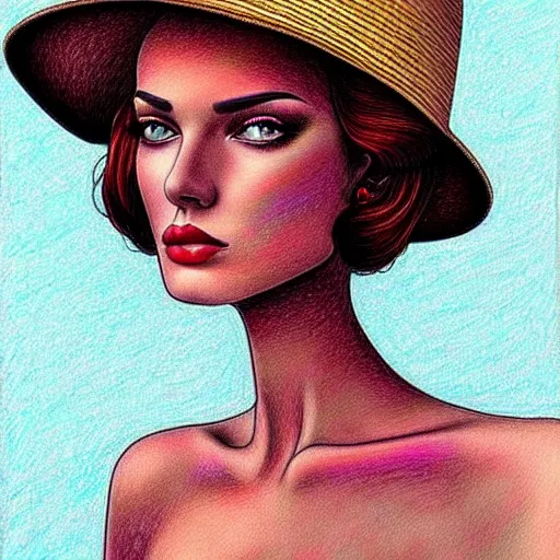 Image similar to drawing portrait of beautiful gorgeous woman with hat by Moebius science fiction