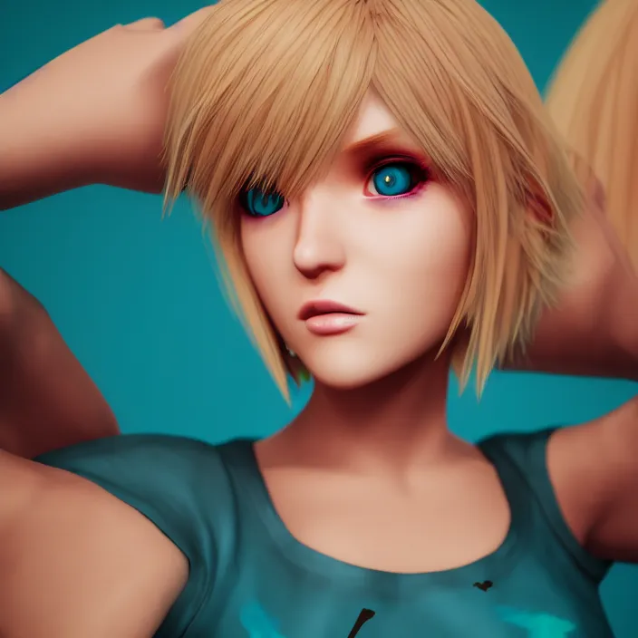 Prompt: coffee blond colored hair, teal pupils, symmetric facial structures, random background, bluish lighting, naturel, birthday, anime, rose suit, unreal engine 5 render, trending on artstation