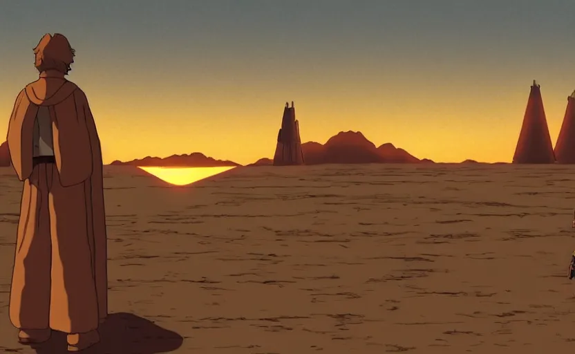 Image similar to luke skywalker looking at tatooine two suns sunset by ghibli