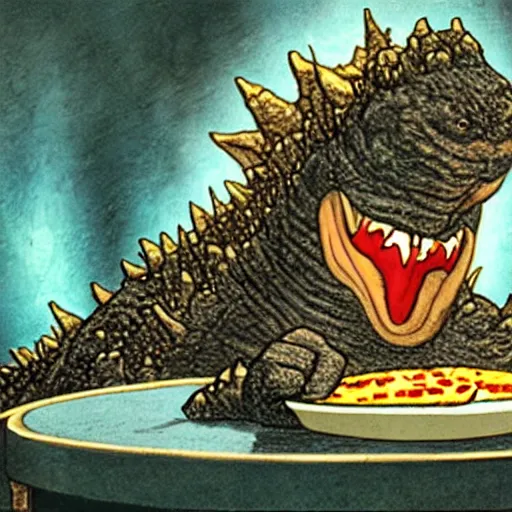 Prompt: godzilla eating pizza in a torture chamber,