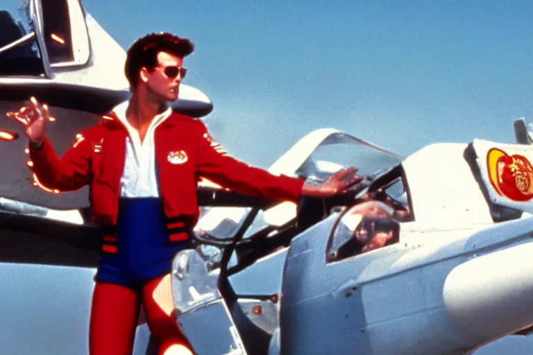 Image similar to ronald mcdonald in top gun ( 1 9 8 6 ), cinematic lighting, high contrast, 4 k hdr imax cinematography