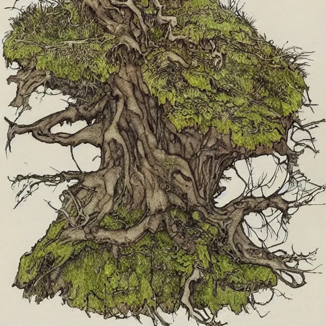 Image similar to a detailed, intricate watercolor and ink illustration with fine lines, of a mossy oak tree, by arthur rackham and edmund dulac and ted nutall