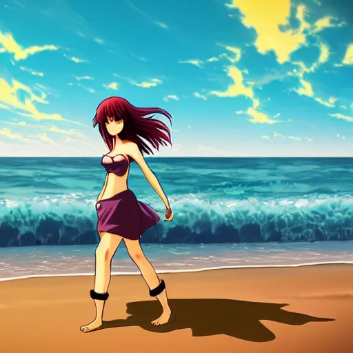 Prompt: Beautiful woman walking on a beach, anime art style inspired, high quality, trending, sunset