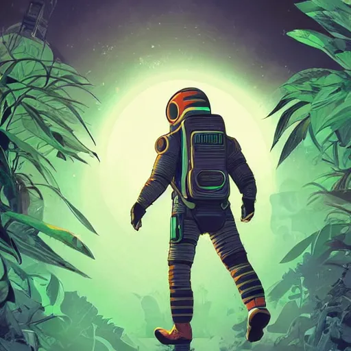 Prompt: view of a future cosmonaut with helmet having cybernetics and wirings exploring a jungle, d & d, trending on artstation, art by rossdraws, petros afshar, tom whalen, laurie greasley and greg rutkowski and ilya kuvshinov, global illumination