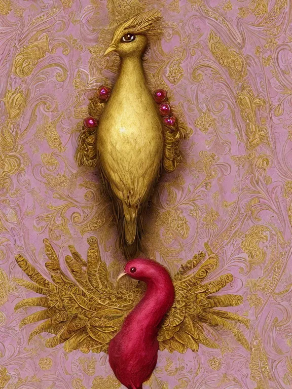 Image similar to a beautiful render of an exotic pale lilac feathered and metallic gold bird with red jewel eyes, surrounded by an elaborate decorative plaster arabesque rococo motif, by Raphael and Antoine Watteau, zbrush, redshift render, 8k, hyperreal