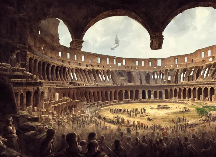 Image similar to Colosseum interior in the 100AD with two fighters in the middle and crowds cheering in kindah,digital art,realistic,detailed,art by greg rutkowski
