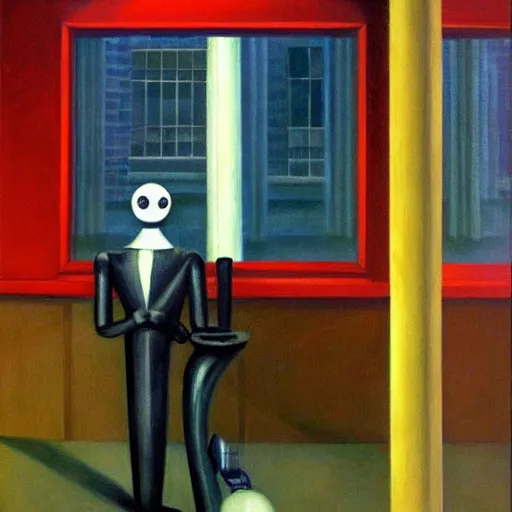 Prompt: judgemental robot butler, dystopian, pj crook, edward hopper, oil on canvas