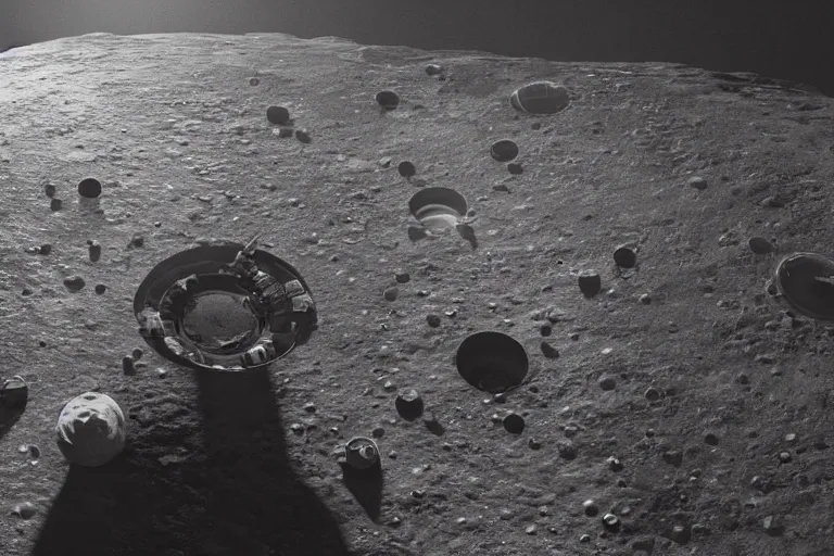 Prompt: cinematic image of a large lunar base inside a crater, brutalist architecture, 1950s sci-fi, wide angle view, art by greg rutkowski and Daytoner