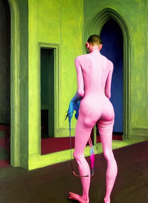 Image similar to a skinny, starving artist wearing overalls, painting the walls inside a grand ornate cathedral, hauntingly surreal, highly detailed painting by francis bacon, edward hopper, adrian ghenie, gerhard richter, and james jean, soft light 4 k in pink, green and blue colour palette