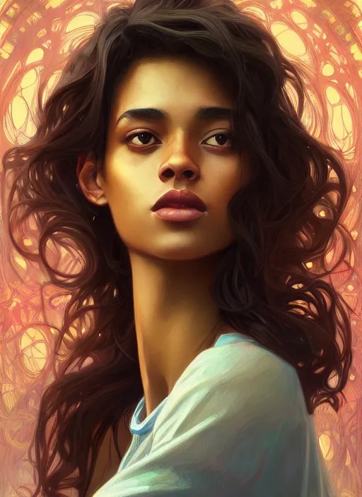 Image similar to handsome young black women with shoulder length brown hair, half body shot, path traced, highly detailed, high quality, digital painting, alena aenami, lilia alvarado, shinji aramaki, karol bak, alphonse mucha, tom bagshaw