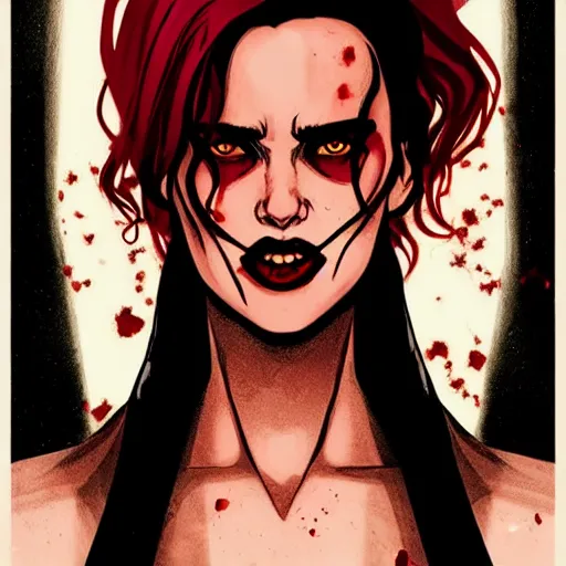 Image similar to in the style of Rafael Albuquerque comicbook cover art, beautiful scary female vampire, Jennifer Connelly, glowing red and gold hair, smiling, sharp teeth, clear clean face, two perfect eyes, perfect eyes perfect symmetrical eyes, symmetrical face, sarcastic pose, dark and smoky background