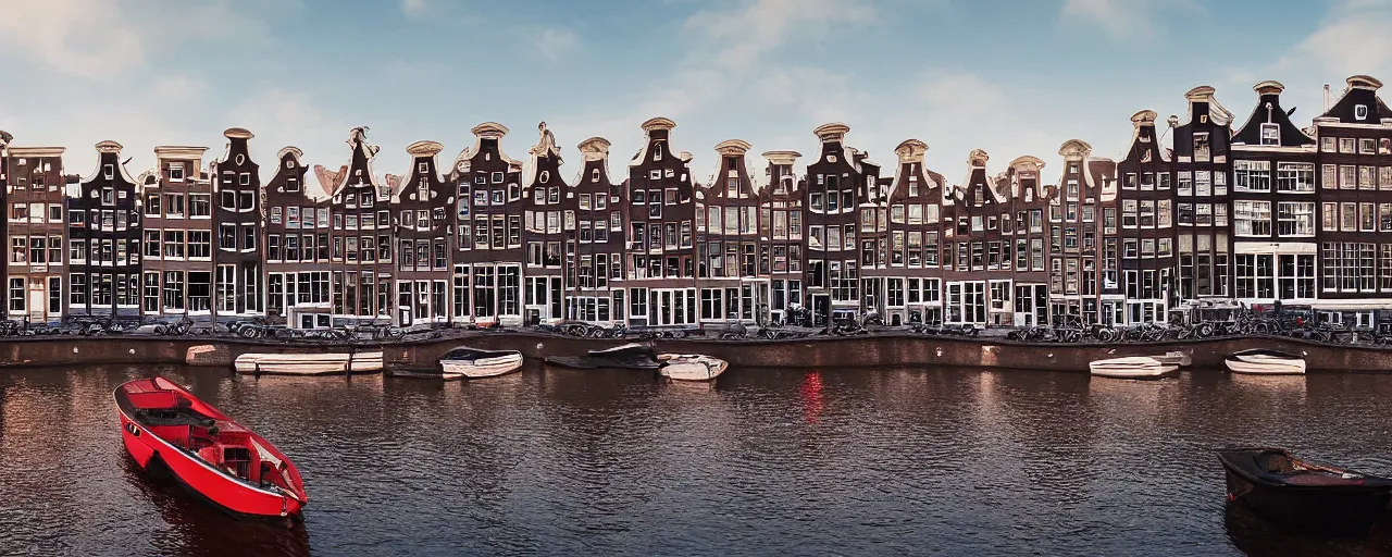 Image similar to view of houses in amsterdam, with water and boats, photography, 3 5 mm, hyper realistic, 8 k, unreal engine, illustration, happy cinematic sunrise lighting, tilt shift, crimson - black