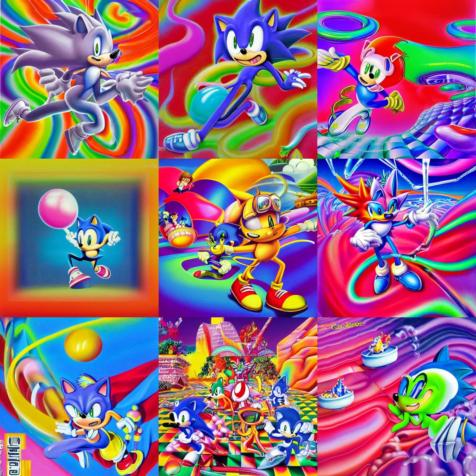 Prompt: surreal, sharp, detailed professional, soft pastels, high quality airbrush art album cover of a liquid bubbles airbrush art lsd taffy dmt sonic the hedgehog dashing through cotton candy, iridescent checkerboard background, 1 9 9 0 s 1 9 9 2 sega genesis rareware video game album cover