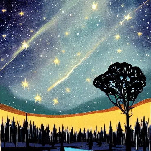 Image similar to a painting of a night sky with stars and trees, poster art by tim biskup, behance contest winner, space art, poster art, wallpaper, digital illustration