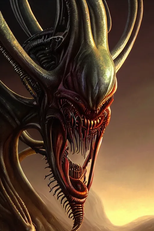 Image similar to demoniac alien xenomorph, close - up portrait, intricate, elegant, volumetric lighting, scenery, digital painting, highly detailed, artstation, sharp focus, illustration, concept art, luis rollo, ruan jia, steve mccurry, john berkey