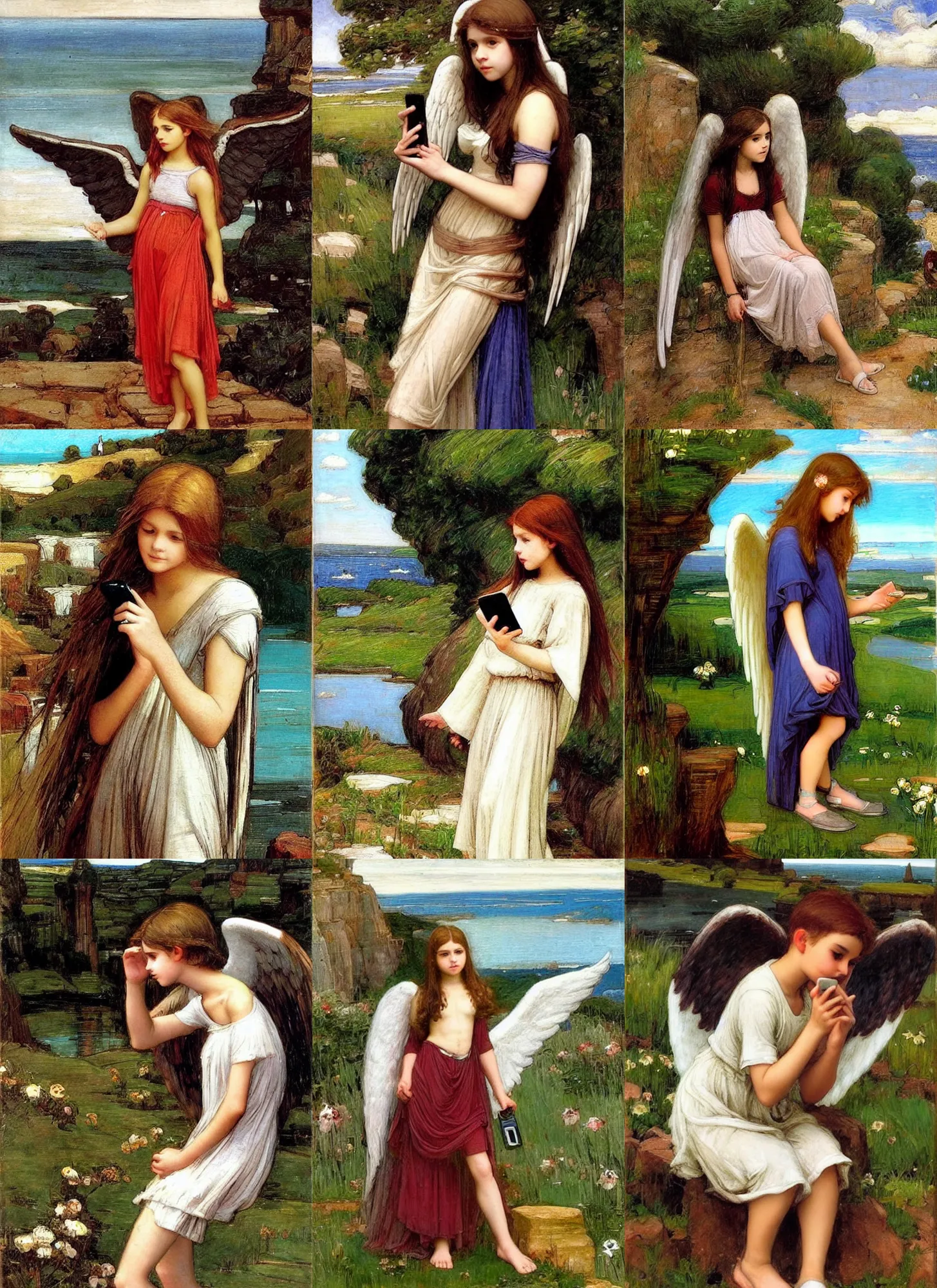 Prompt: cute teenage angel and a cell phone with epic landscape in the style of John William Waterhouse