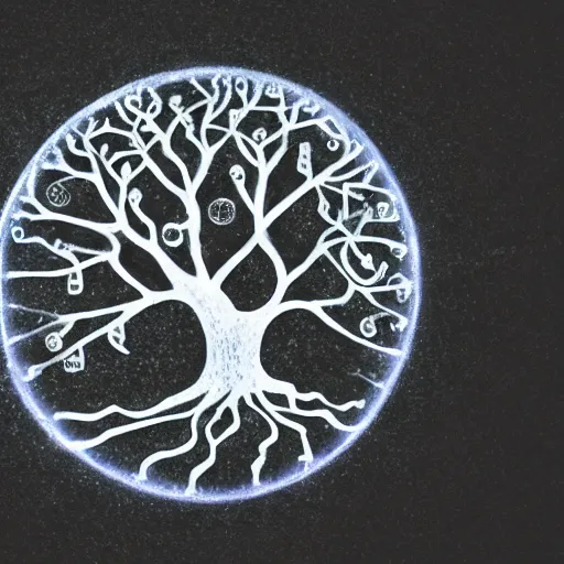 Prompt: a mistycal tree of life with a glowing disc of light with stone runes