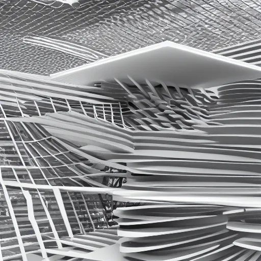 Prompt: “ architectural data flux pavilion, exhibition in biennale, model, 4 k, render ”