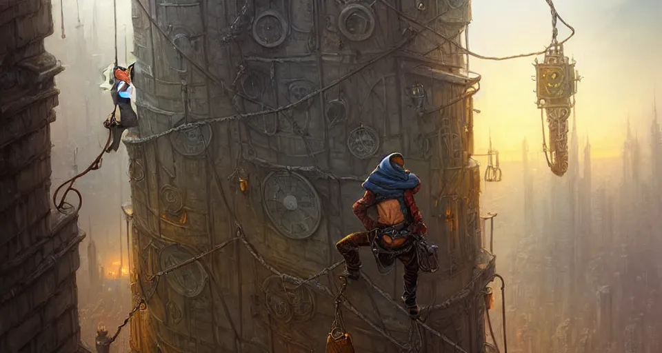 Prompt: landscape painting of a hooded thief in leathers using a rope to climb a tall metal steampunk buildings with a fantasy city, fine details, andreas rocha, magali villeneuve, artgerm, rutkowski