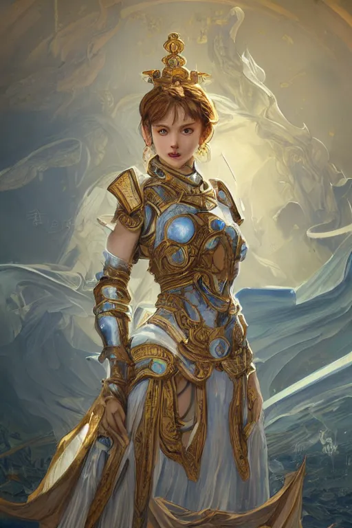 Image similar to portrait knights of Zodiac girl, Chinese Blue and white porcelain color reflected armor, in ruined Agora of Athens, ssci-fi, fantasy, intricate, very very beautiful, elegant, golden light, highly detailed, digital painting, artstation, concept art, smooth, sharp focus, illustration, art by tian zi and WLOP and alphonse mucha