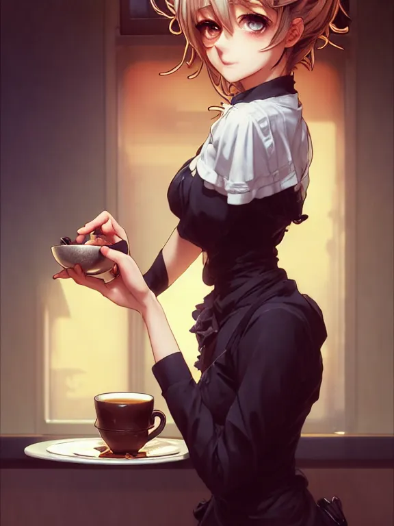 Image similar to full body picture of a bariste drip a coffee, calm and chill, beautiful and aesthetic, intricate, unreal engine, messy hair, highly detailed, detailed face, smooth, sharp focus, chiaroscuro, manga illustration, artgerm, greg rutkowski, ilya kuvshinov, rossdraws, alphonse mucha, young adult light novel cover art