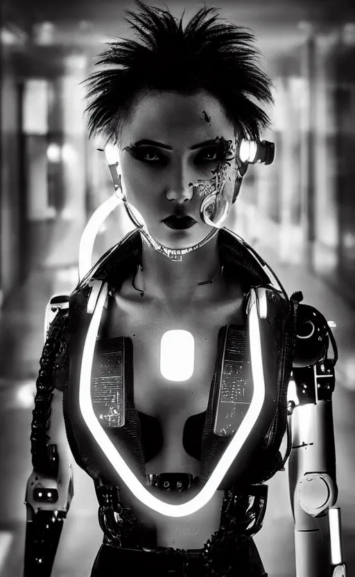 Prompt: “ a beautiful cyberpunk female model with a robotic neck and glowing neon piercings, met gala fashion, cinematic lighting, strong depth of field, black and white 8 k photography ”