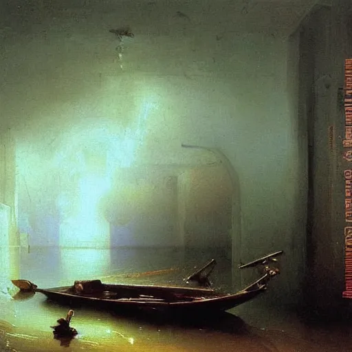 Image similar to basement flooded with water, hyper realistic, oil on canvas, masterpiece painting, very detailed, by aivazovsky