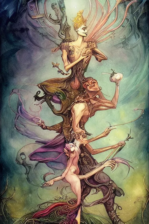 Prompt: an illustrated tarot card of The lovers based on the original rider waite tarot deck, full of colors, insane details, concept art, elegant, by Peter Mohrbacher and brian froud dynamic lighting