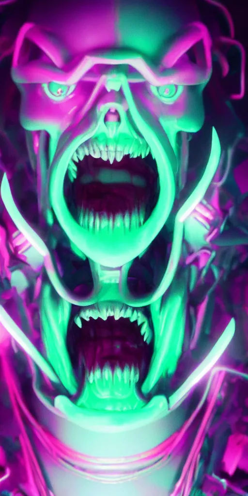 Image similar to synthwave demonic alien face with neon horns, detailed face, sharp focus, synthwave art, aesthetic, octane render, raw, cinematic