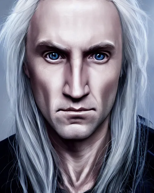 Prompt: portrait of 4 0 - year - old man with long white hair with a pale complexion, malfoy lucius, clear face, pointed face and grey eyes, hyper realistic face, beautiful eyes, character art, art by mark brooks, hyperdetailed, cryengine, trending on artstation, digital art