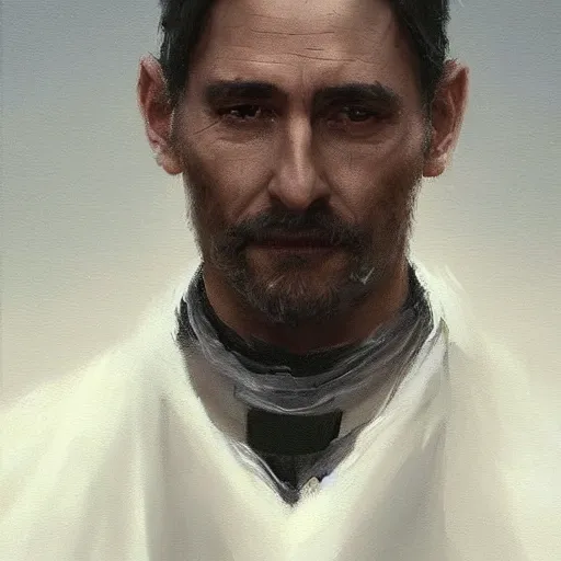 Image similar to An oil painting of a man dressed as a priest in his forties, beautiful and sharp face, dark brown hair with streaks of grey in it, highly detailed, by Greg Rutkowski, trending on artstation