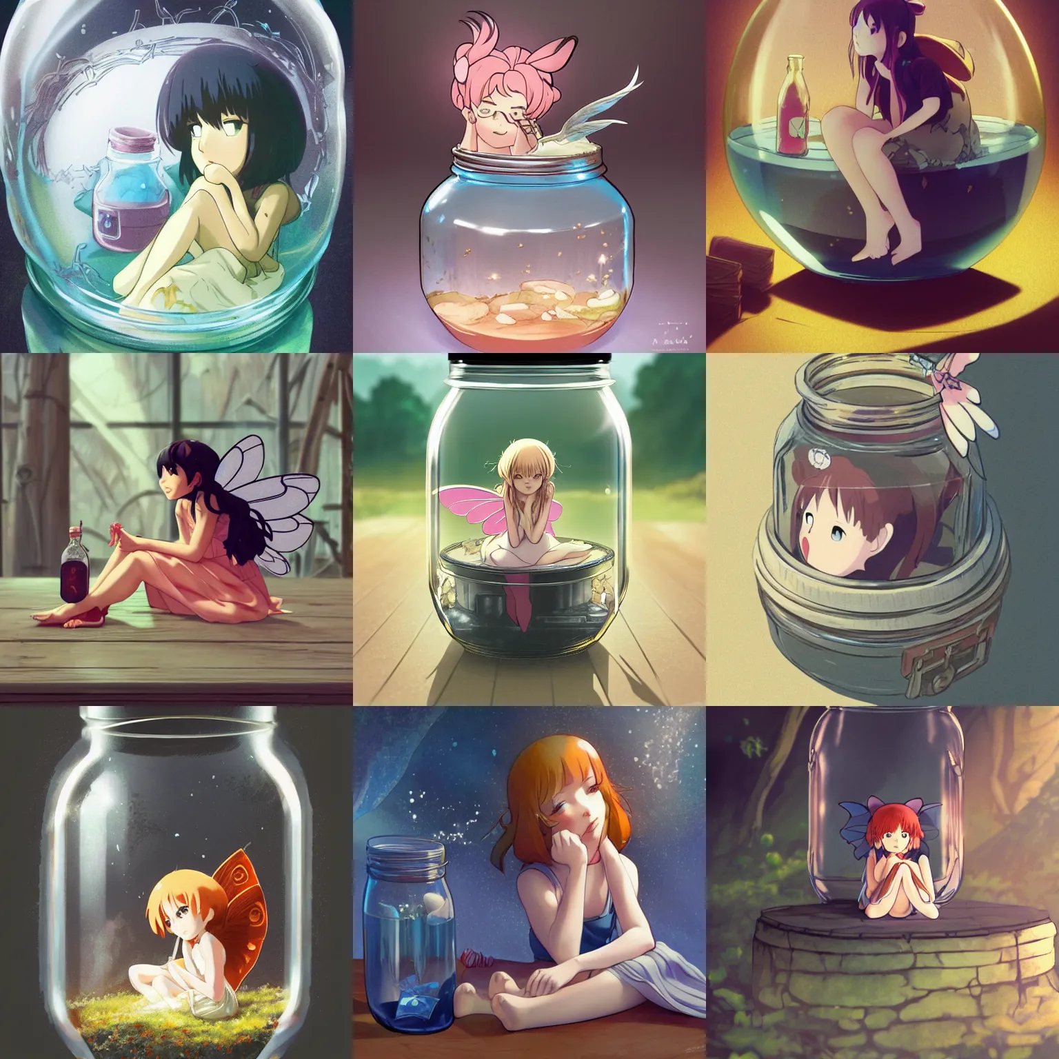 Prompt: A pouting fairy sitting inside of a mason jar on a table, fantasy, highly detailed, artstation, tankoban, concept art, cel shaded, sharp focus, by Kyoto Animation and Studio Ghibli, by Ilya Kuvshinov and Makoto Shinkai