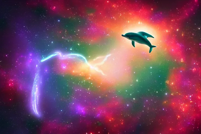 Image similar to a bioluminescent dolphin swimming through a space nebula leaving stardust trails, digital art, photorealistic