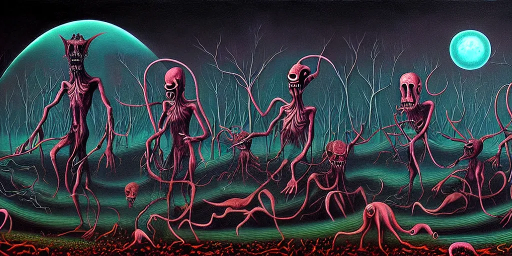 Image similar to creatures lurking in the collective unconscious, in a dark surreal painting by ronny khalil