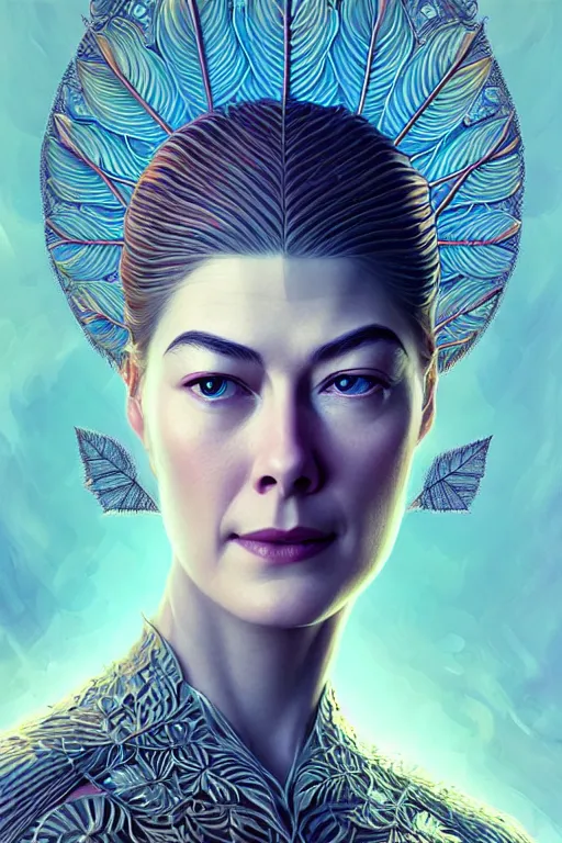 Prompt: young rosamund pike portrait, art deco, fantasy, intricate art deco leaf designs, elegant, highly detailed fractals, sharp focus, art by artgerm and beeple and greg rutkowski and wlop