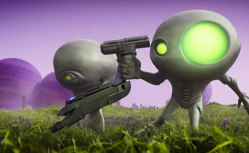 Prompt: grey alien with large black eyes holding an energy rifle on an alien planet with purple soil, green sky, blue and yellow fauna, alien creatures in the background, 3d render, Unreal Engine, octane render, ray tracing, Unity, highly detailed, high quality, HD, 4k, 8k, realistic, sharp, trending