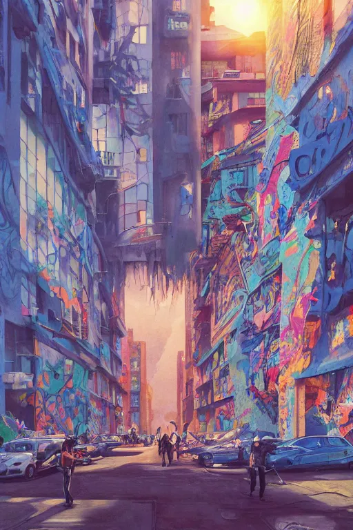 Prompt: people in a busy city people looking at a white building covered with a 3d graffiti mural with paint dripping down to the floor, professional illustration by hiroshi yoshida, painterly, yoshitaka Amano, artgerm, moebius, loish, painterly, and james jean, illustration, sunset lighting