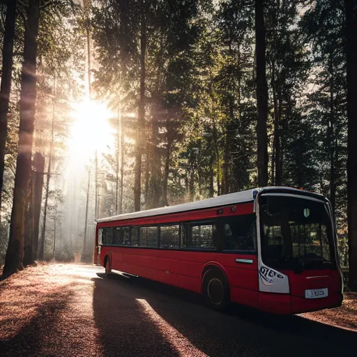 Image similar to big commercial bus with very creative livery in misty forest scene, the sun shining through the trees