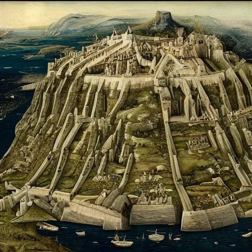 Image similar to Minas Tirith by Bruege and Hokusail, masterpiece